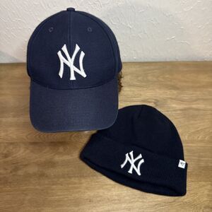 Vtg New York Yankees Strapback Hat Twins Enterprise Wool Blend & 47 Beanie Lot 2